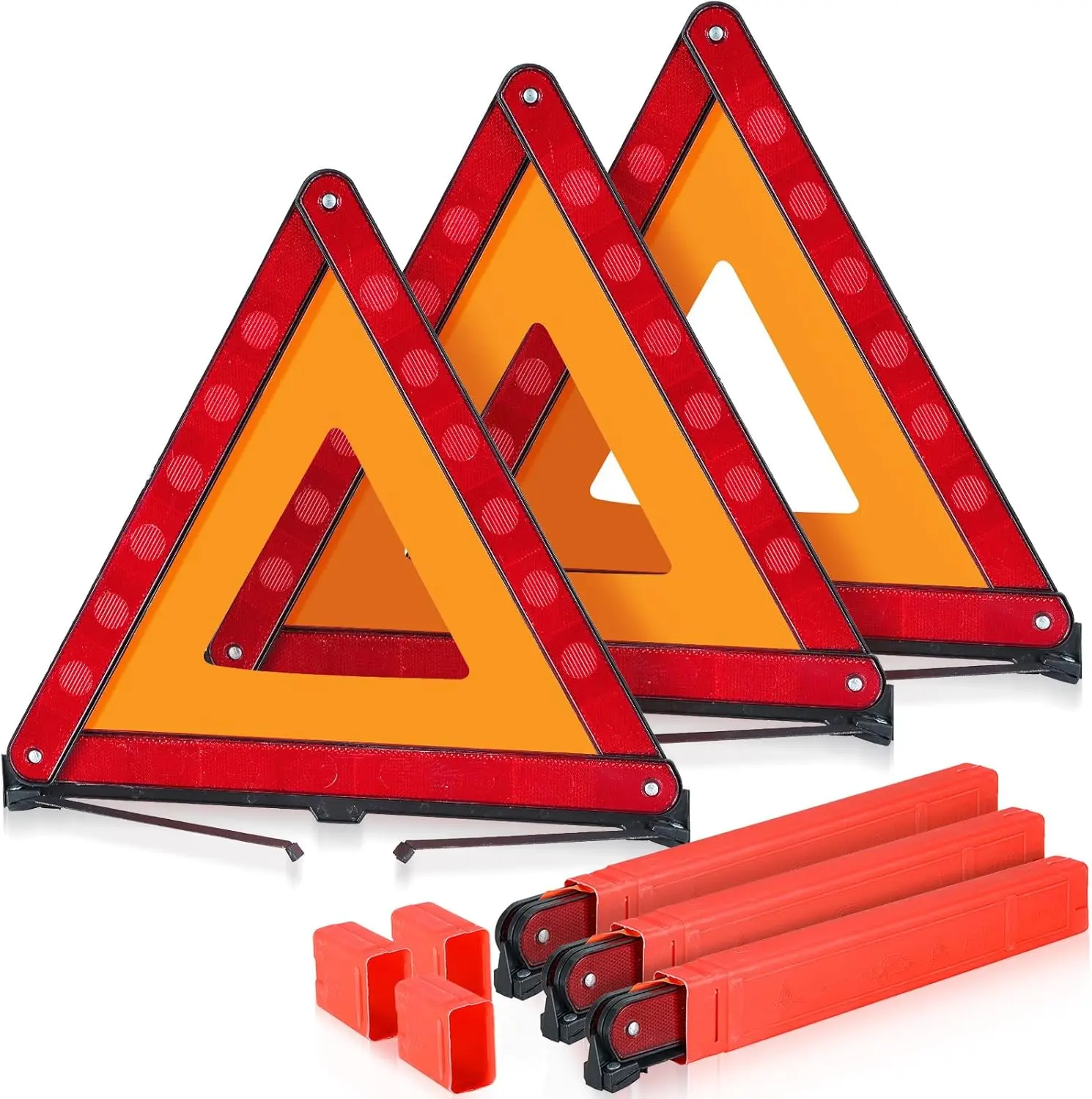 3 Pack ABS Plastic Emergency Warning Triangles, Foldable Roadside Safety Triangles with Reinforced Base, Portable Carrying Case for Automotive Emergency Use