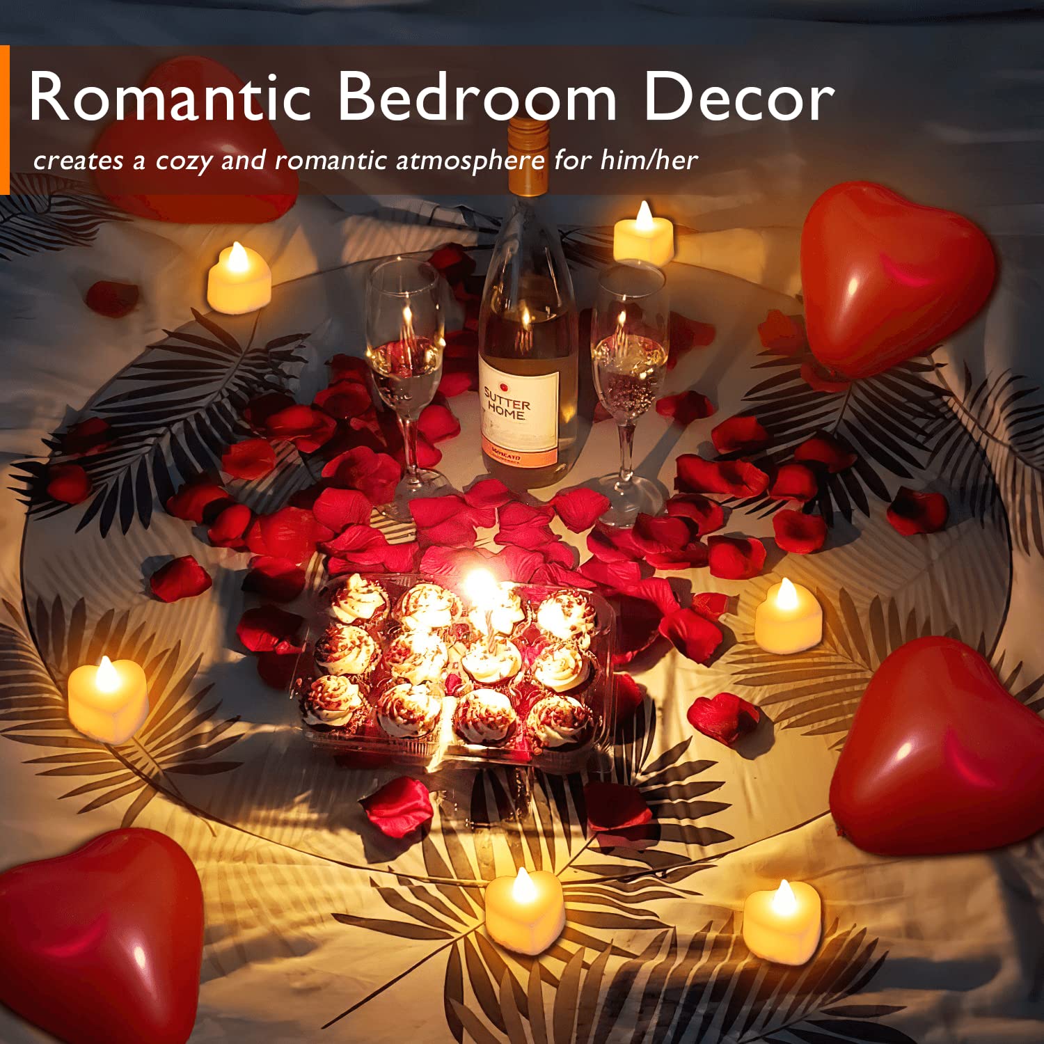 A Romantic Night on Mother's Day - 1000Pcs Artificial Rose Petals, 30 Burgundy Heart Balloons, 24 Battery Candles for Valentine‘s Proposal, Wedding, Anniversary Table Decor Valentine's Day