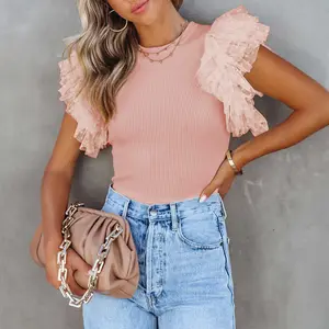 Pink Dotty Mesh Ruffle Sleeve Ribbed Knit Top