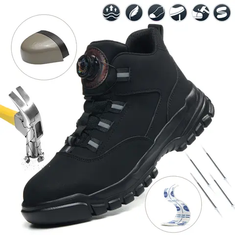 Men's Industrial Steel-Toed Work Boots - Microfiber Leather, Anti-Slip Steel-Toe, Rotating Buckle, Safety Round Toe, Athletic Laces, Wear-Resistant, Sturdy, All Seasons, for Modern Work Attire, Outdoor Labor, Construction Sites