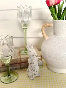 White Distressed Bunny Figurine Cottagecore Rustic Farmhouse Cute Cast Iron Metal Rabbit 2x2x5 Spring Decor
