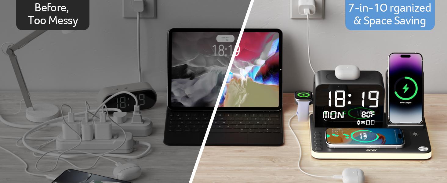 Acer 7 in 1 Wireless Charging Station Charger with LED Night Light, Bluetooth Time Sync Clock & Temperature Display, USB-A & USB-C, Magnetic MagSafe – for iPhone, Android Phone, Apple Watch & AirPods, Gift