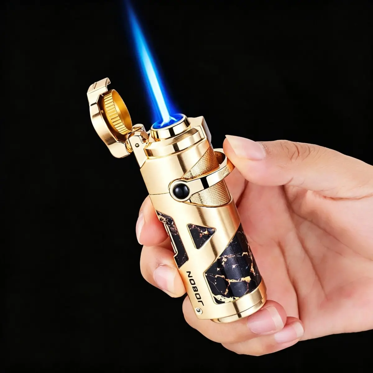 Unique Rocker Structure Camping Lighter for Men, Compact Brushed Black Nickel Metal Body Sturdy Refillable Gas Lighter, Luxury Gift Box Packaged, Heavy Duty Outdoor Fire Starter (Fuel Not Included), Hiking, Unique Gifts For Man, Male Gift