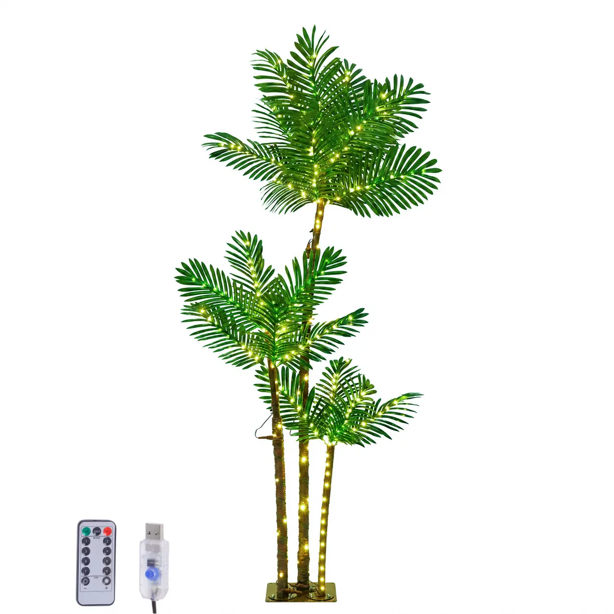 LED Illuminated Palm Tree Lights - 5/6-ft Plug-in, 3 Plastic Trunks - Colorful Lights for Courtyards, Tropical Birthday Party Decor - Party Decor Ideas, Outdoor Home Festive Supplies, Artificial Plants