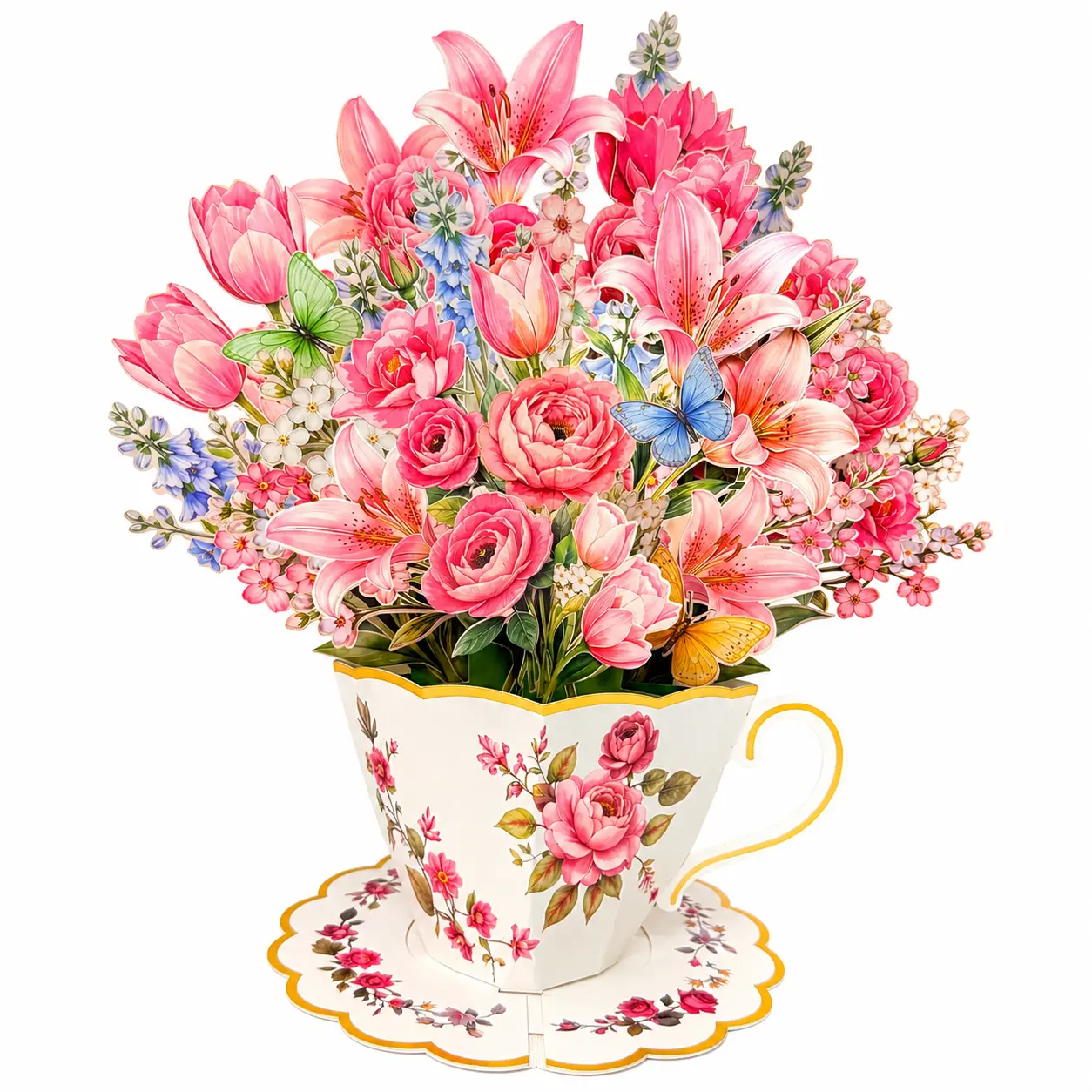 3D Pop-Up Floral Butterfly Paper Teacup Greeting Card with Envelope - Office Stationery Note Card for Thank You, Birthday, Friendship - 3D Popup Invitation Envelopes