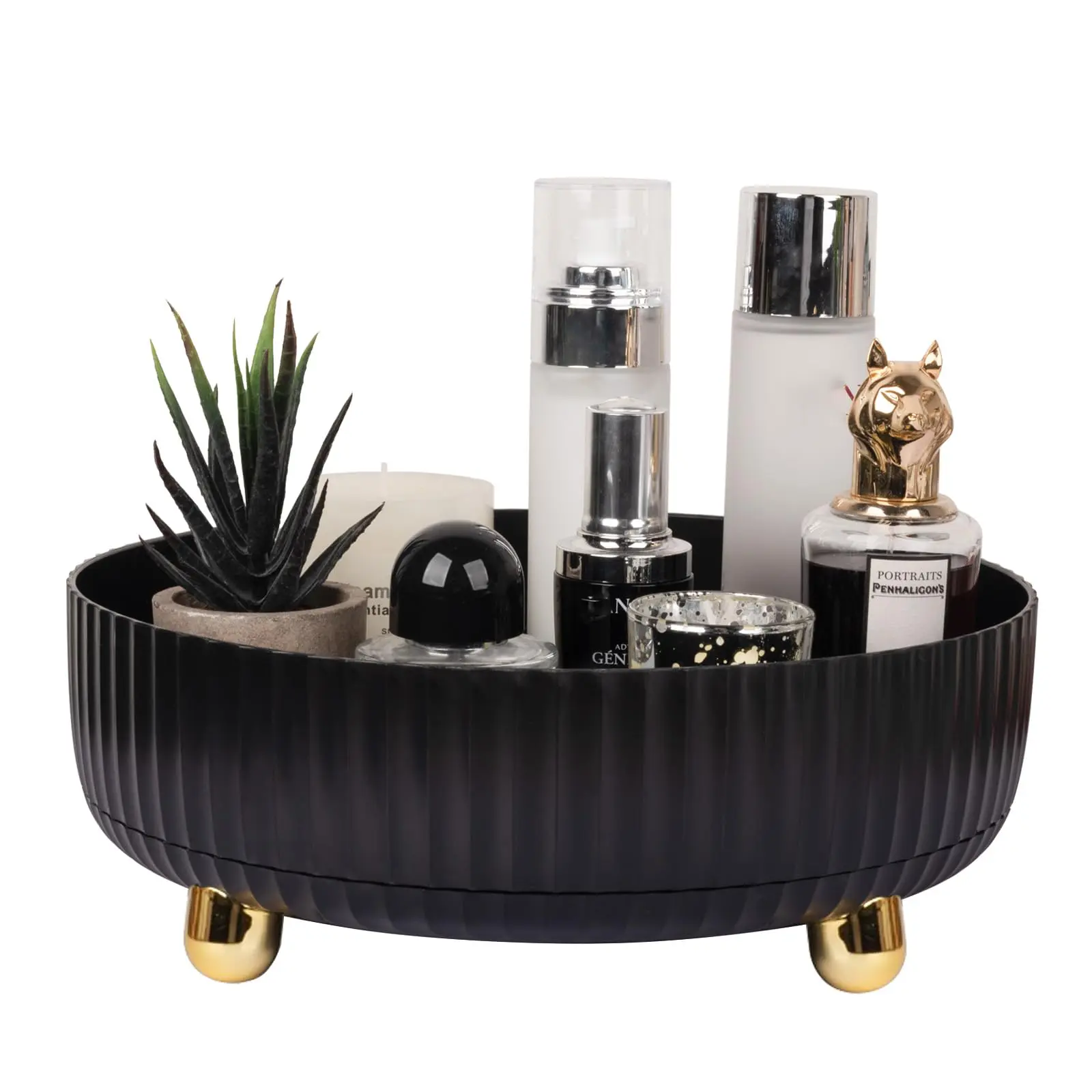 Multifunctional black rotatable 360-degree storage box - a large-capacity countertop organizer, a must-have storage gadget for home use, suitable for bathrooms, bedrooms and kitchens. An ideal gift for those who love cleanliness.