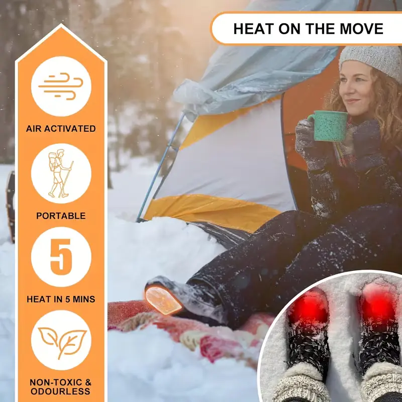 50-Piece Disposable Air-Activated Instant Heat Foot Warmers Multi Pack - Self-Heating, Odorless, Safe, 12-Hour Continuous Warmth Pads for Hikers, Camping, Winter Use