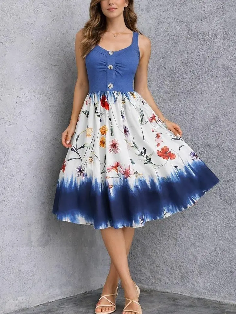 Lady's Casual summer flowy dresses A-Line Cami Sundress - summer dresses for 2026,Boho, Rosegalette Floral Print, Mock Buttons, Straps, Cottagecore Clothes, Dress Casual, for Spring Summer Rehearsal Dinner (Blue) backtoschoolshopping
