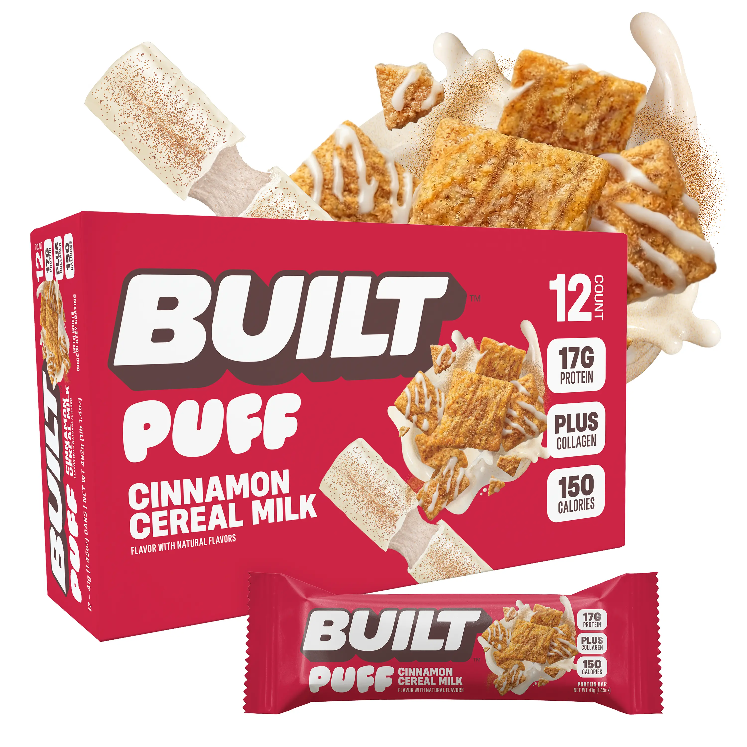 Official BUILT Bar, Puff Protein Bar Snacks, Cinnamon Cereal Milk Puff, 17g Protein, 150 calories, Collagen, Protein Packed Snack, Gluten Free, 12 Count Box