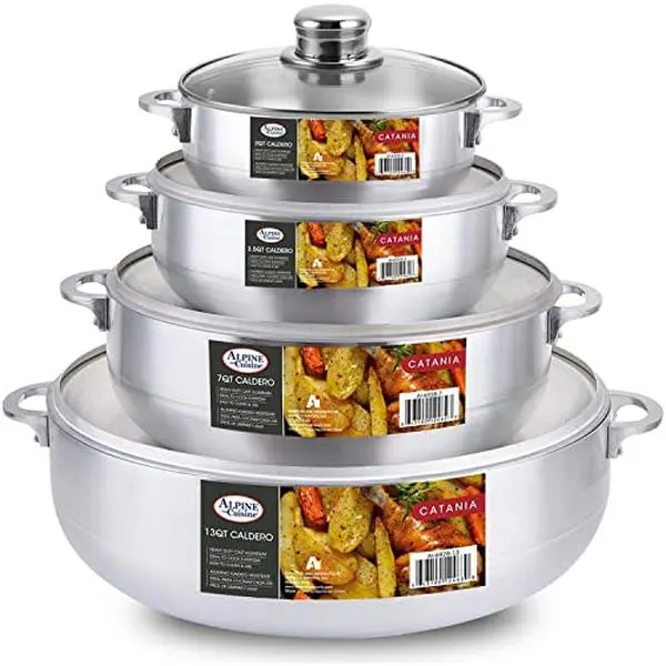 Alpine Cuisine 8pc Cookware Set Aluminum Caldero Stock Pot with Glass Lids, Cooking Dutch Oven Performance for Even Heat Distribution, Perfect for Serving Large & Small Groups, Riveted Handles Commercial Grade