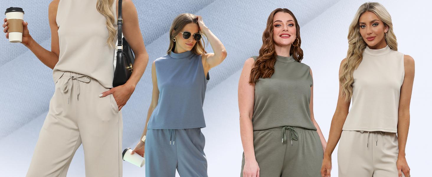 OFEEFAN Two Piece Sets for Women Summer Outfits Lounge Sets Mock Neck Tops Wide Leg Crop Pants Vacation Travel Outfits Silky Casual SpringStatements