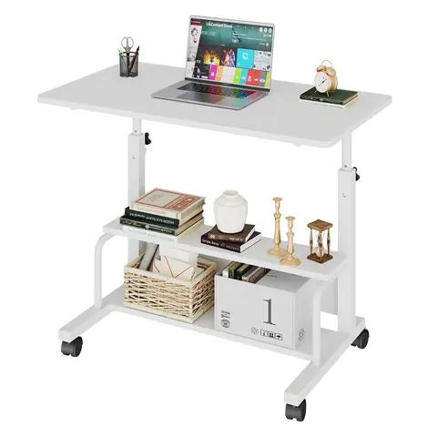 Sweetcrispy Adjustable Metal Wood Rectangular Computer Desk with Wheels - 28-36.4in Height Stand, 3-Layer Shelf, Bed-to-Study Convert, 15 lbs, Assembly Required, WFH Office Furniture for Bedroom Home Office