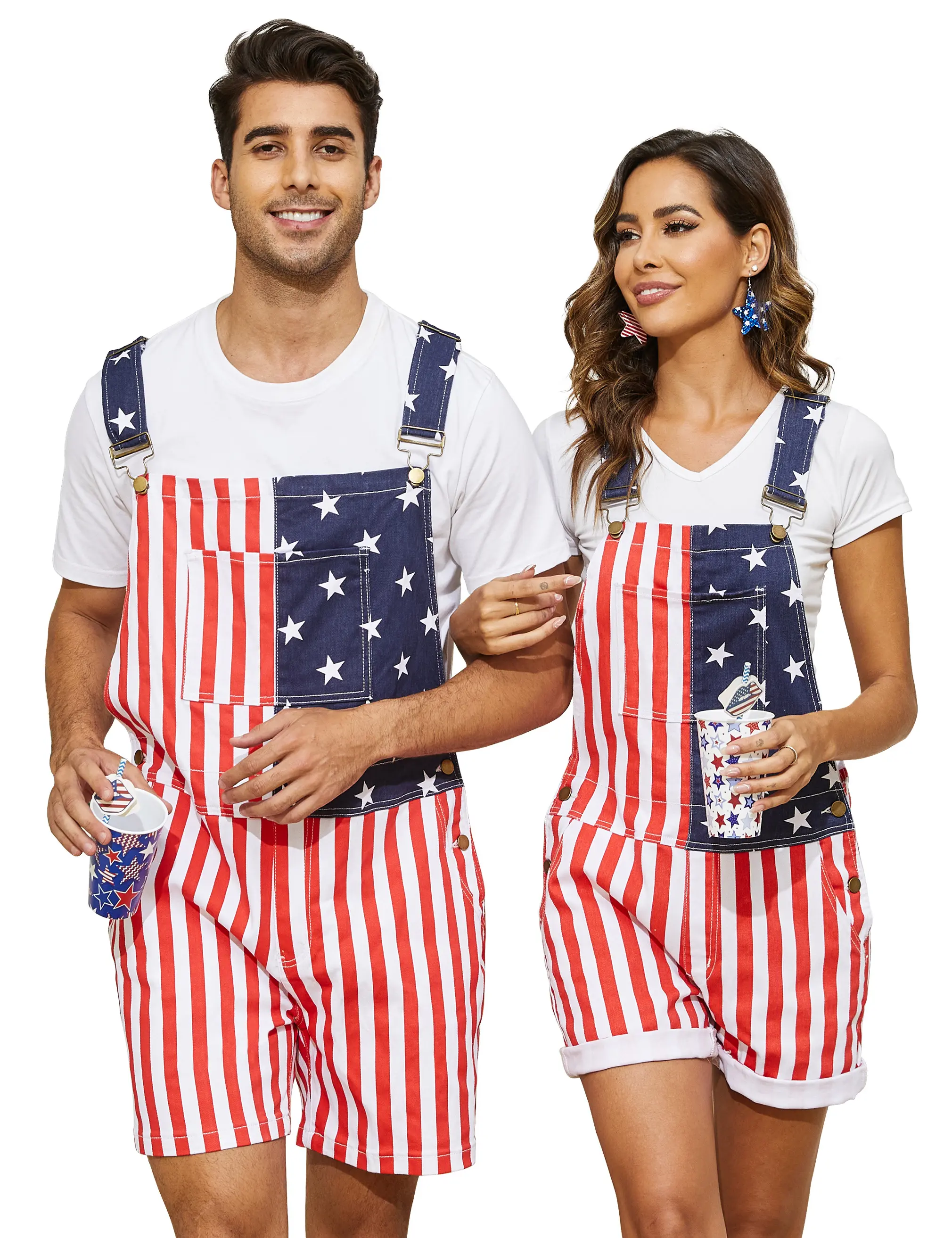 American Flag Overalls for Women and Men, Unisex Bib Pants with Soft Stretch Fabric, Breathable Summer Streetwear Outfit for Independence Day, Memorial Day, National Holiday Festivals, Parades, Parties and Casual Vacation Wear