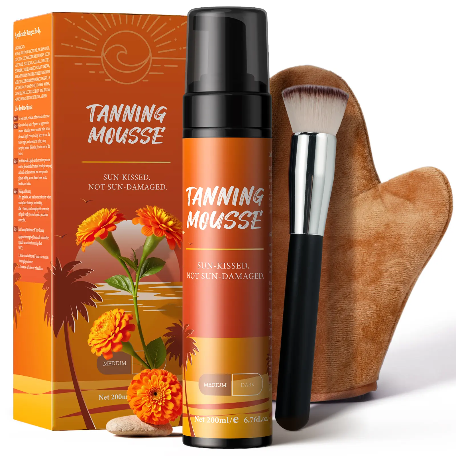 Self Tanner Mousse Kit - 1-Hour Express Dark Bronze + 200mL with Mitt & Brush | Plant 30% DHA for Long-Lasting Tan | No Orange Tones, Streak-Free & Odorless | Natural Sunless Glow