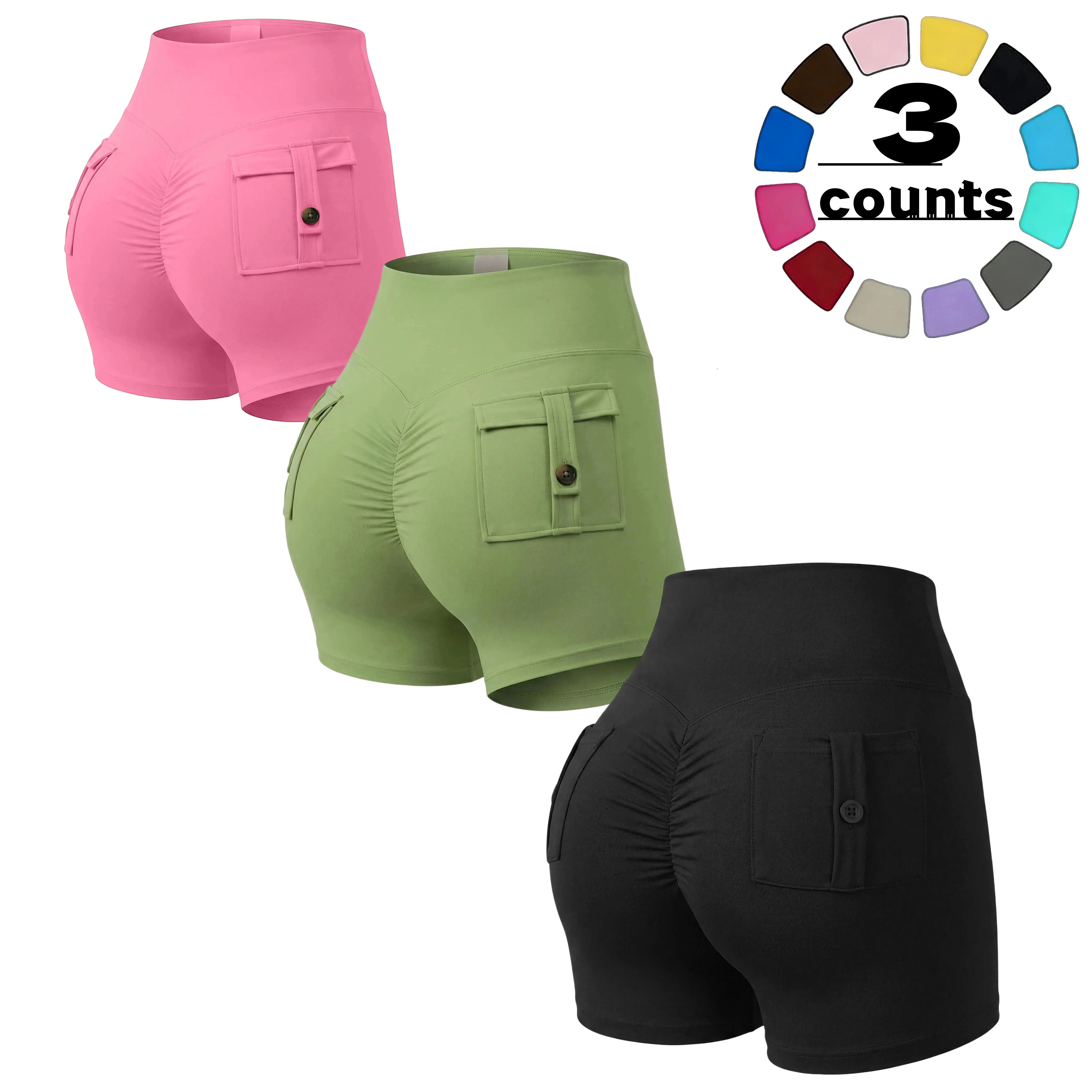 Women's 3pcs High Waist Compressive Yoga Shorts - Soft, Breathable, Pocketed, Stretchable, Tight Fit with Support & Shaping Design, Women's Gym Wear for Daily Workout & Casual Use