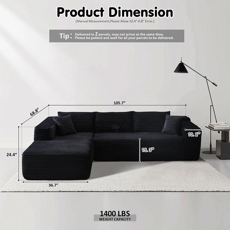 【2 Packages Shipping】105.86" L-Shaped Boneless Sectional Cloud Couch Corduroy Velvet Modular with Chaise No Assembly Required Sofa Living room furniture，real boneless couch