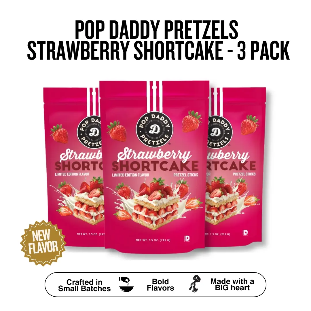 Pop Daddy NEW Strawberry Shortcake Pretzels |  3-Pack | 7.5oz Individual Bags | Seasoned Pretzels Sticks