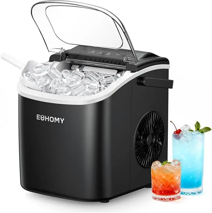 EUHOMY Ice Maker Countertop with Handle, 26lbs in 24Hrs, 9 Ice Cubes Ready in 6 Mins, Auto-Cleaning Portable Ice Maker with Basket and Scoop, for Home/Kitchen/Camping/RV. (2024 New Silver) Utensils