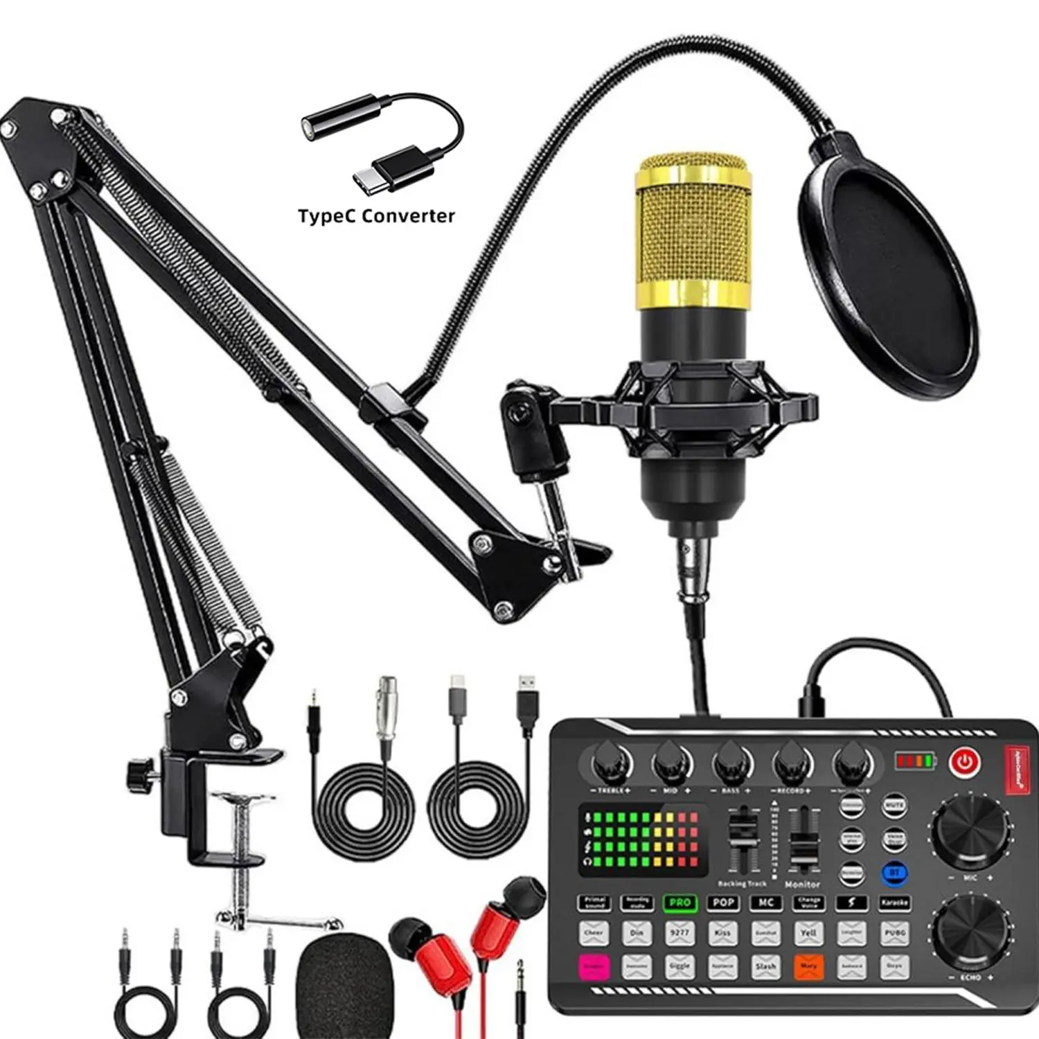 Safring Podcast usb rechargeable Microphone Bundle, BM 800 Condenser Mic with Live Sound Card Kit, Podcast Equipment Bundle with Voice Changer and Mixer Functions for PC Smartphone Studio Recording & Broadcasting Podcasting #Summervibes