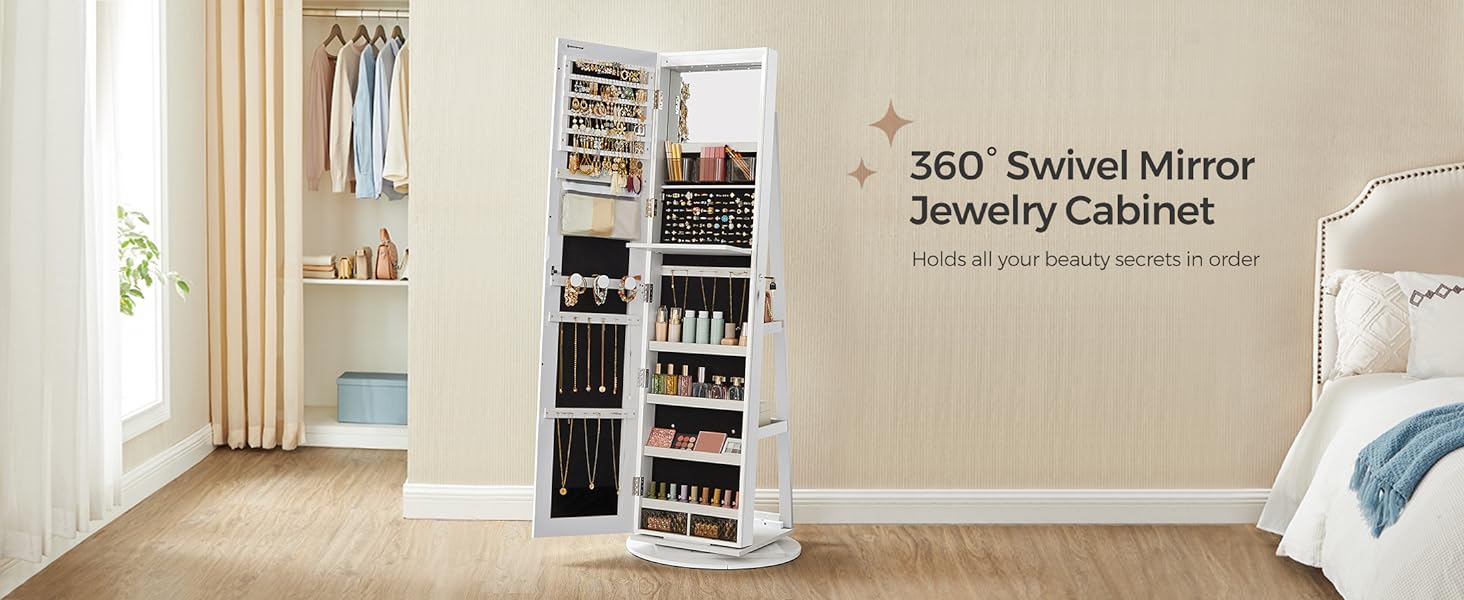 【Holiday Haul】SONGMICS LEDs Lockable Jewelry Mirror Cabinet,Standing Jewelry Armoire,, Frameless Full-Length Mirror, 3 Storage Shelves Gift Idea