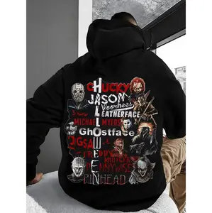 Stylish Horror Themed Cotton Hoodie with Cartoon Print for Cozy Autumn and Winter Wear