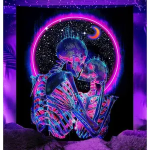 Blacklight Skull 60*51inTapestry Glow in the Dark Tapestry Kissing Lovers Tapestries Skeleton Neon Trippy Moon Stars Vertical Posters Wall Hanging Decor for Bedroom Aesthetic Colorful Decoration Gift summerwins