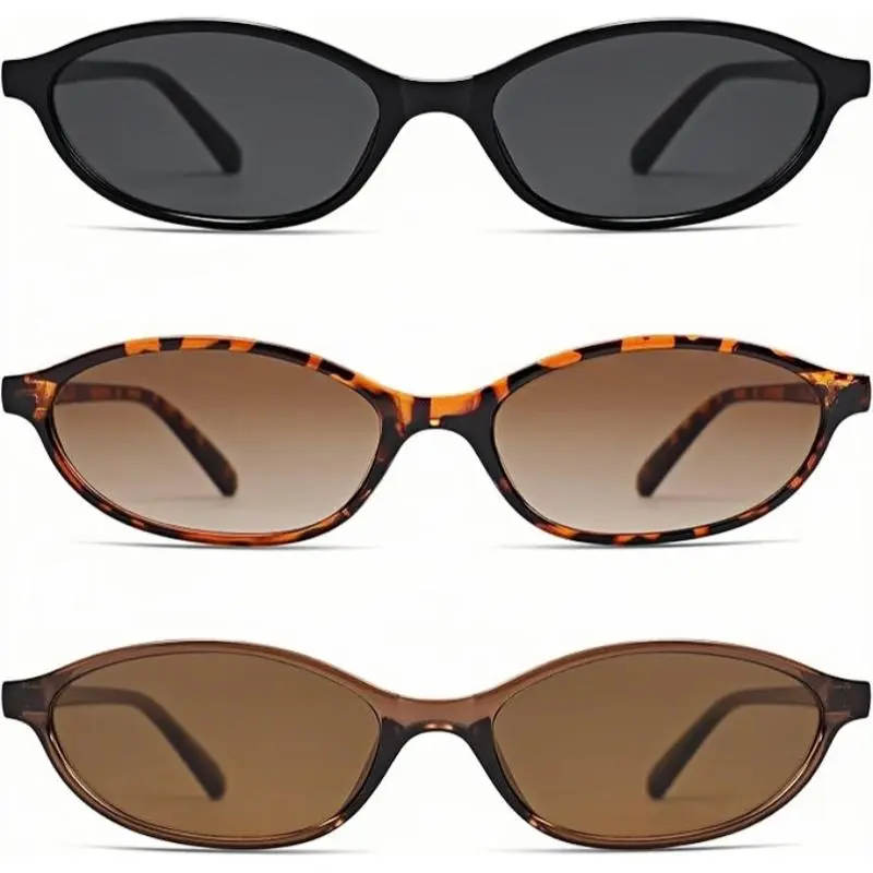 Women's 3-Pair Vintage Oval Sunglasses - Resin Narrow Frame, 90s Fashion Cat Eye Narrow Sunnies, Lightweight Durable UV Protection, Retro Rich Girl Style, Adds Subtle Edge for Everyday Look