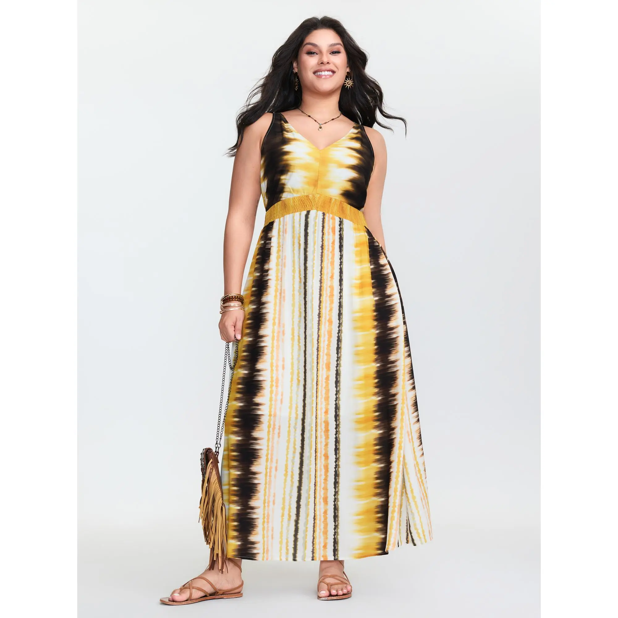 Women's Plus Size Boho Tie-Dye Sleeveless Maxi Dress - Smooth Rayon Casual Summer Gown with V-Neck, Shirred Waist, Pockets, Flattering Fit | Women's Clothes