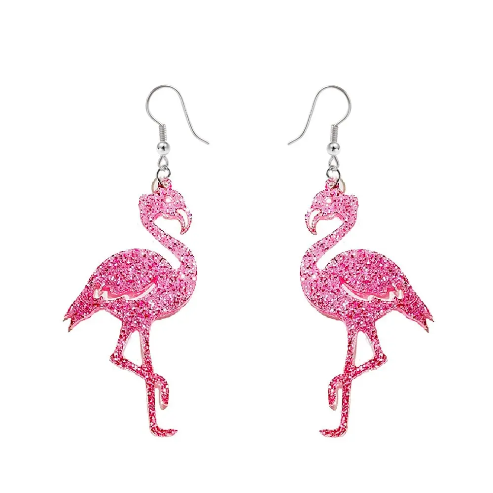 Flamingo earrings, glitter acrylic jewelry, pink Valentine's Day animal fun and cute earrings