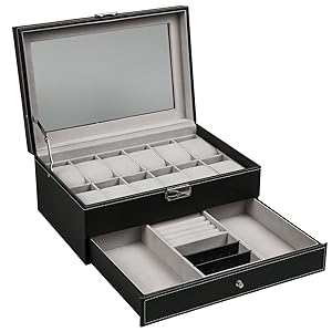 SUNNYGLADE 12 Slot PU Leather Lockable Watch Storage Boxes, Men & Women Jewelry Display Drawer Case, 2-tier Organizer Watch Showcase with Glass Lid