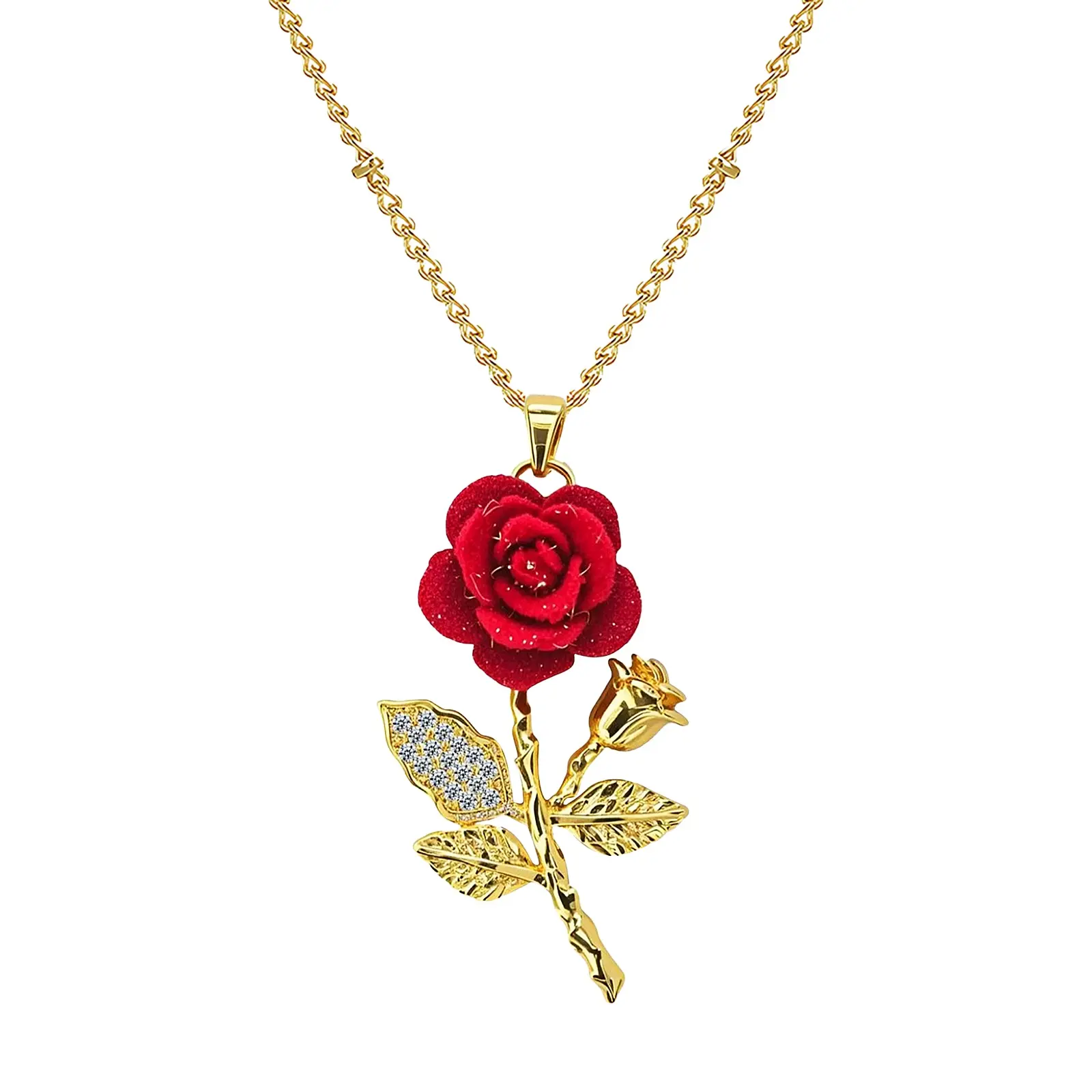 Women Rose Flower Necklace – Cubic Zirconia Copper Pendant with Velvet Red Flower Romantic Jewelry Gift for Girlfriend Wife Valentine's Day Anniversary Birthday summerwins
