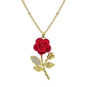 Women Rose Flower Necklace – Cubic Zirconia Copper Pendant with Velvet Red Flower Romantic Jewelry Gift for Girlfriend Wife Valentine's Day Anniversary Birthday summerwins,summerwins