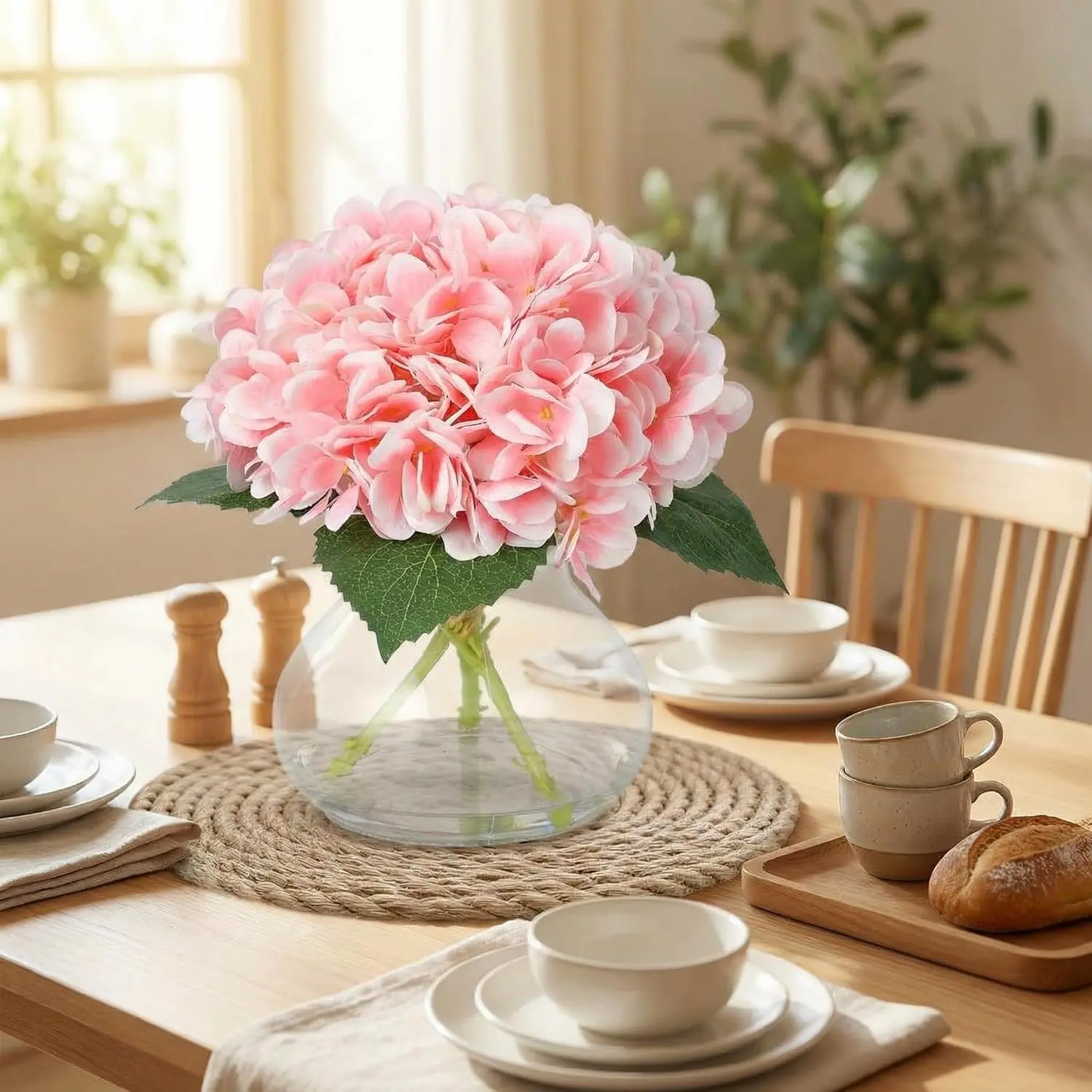 Gaomon Blush Pink Lifelike Silk Artificial Hydrangea Flower Bouquet - Decorative Ornaments Set with Vase & Fake Water, Compact Lifelike Fake Plant for Coffee Table Centerpiece, Bathroom Decor