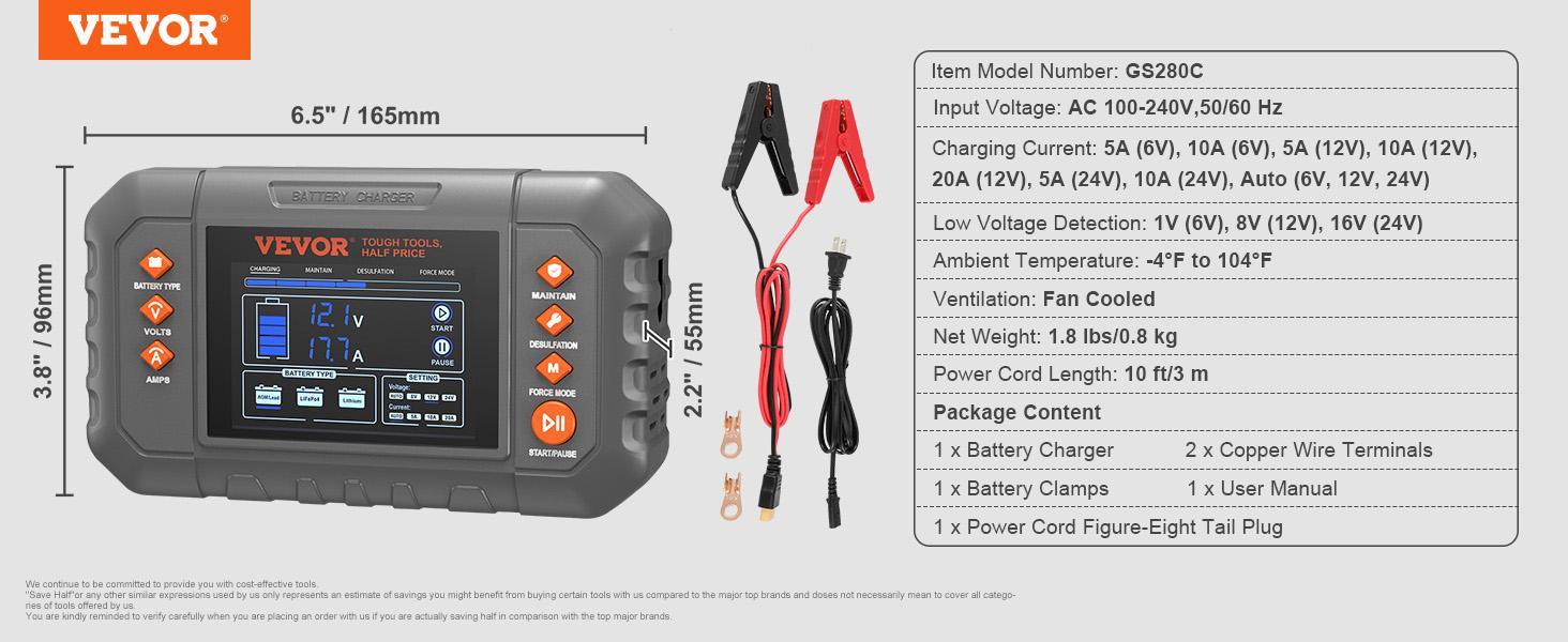 【Summervibes】VEVOR Smart Battery Charger, 20-Amp, Lithium LiFePO4 Lead-Acid (AGM / Gel / SLA) Car Battery Charger with LCD Display, Trickle Charger Maintainer Desulfator for Boat Motorcycle Lawn Mower Deep Cycle 【Summervibes】VEVOR Smart Battery Charger, 20-Amp, Lithium LiFePO4 Lead-Acid (AGM / Gel / SLA) Car Battery Charger with LCD Display, Trickle Charger Maintainer Desulfator for Boat Motorcycle Lawn Mower Deep Cycle
