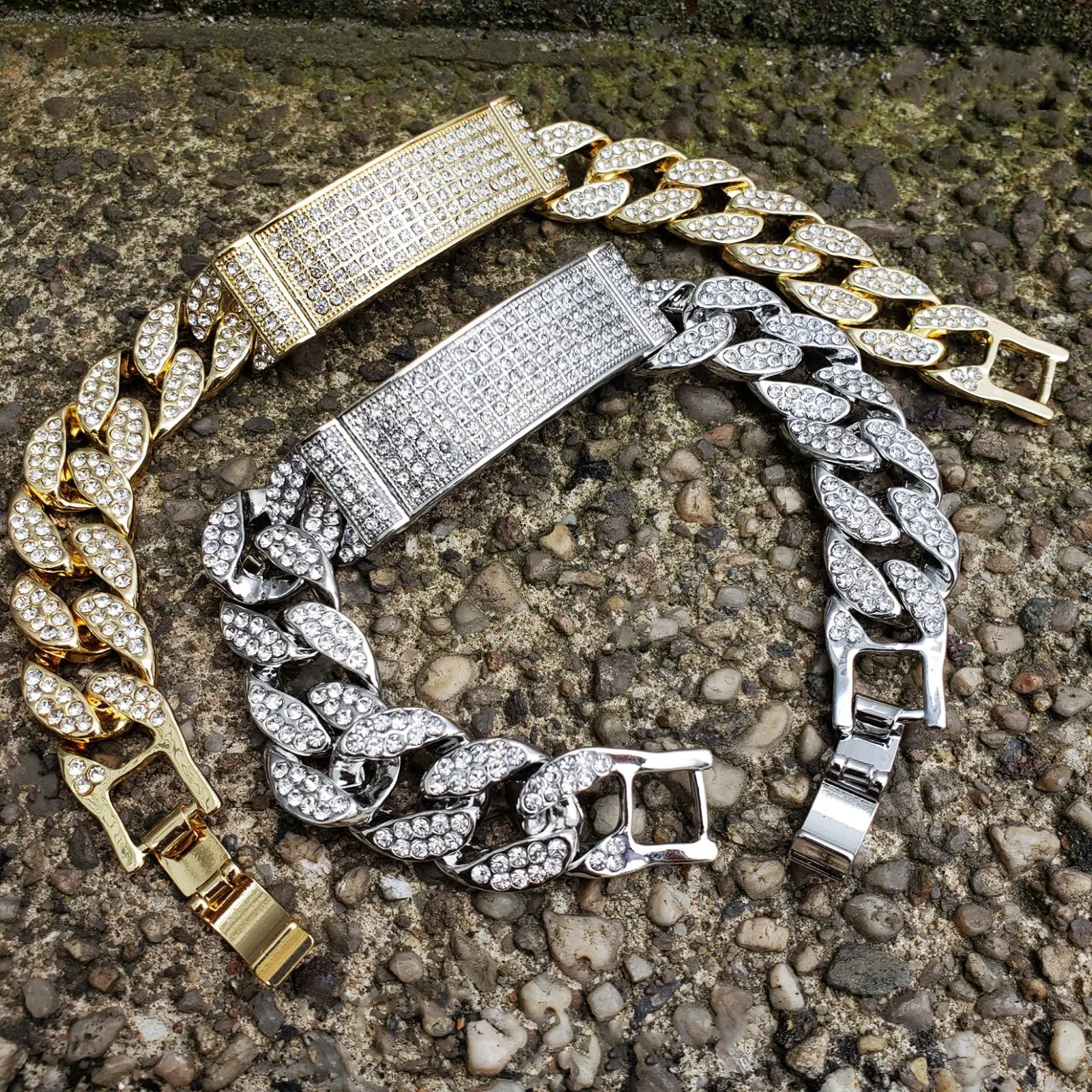 MEN'S HIP HOP FULL ICED MIAMI CUBAN CHAIN ID BLING FASHION BRACELET GOLD / SILVER PLATED
