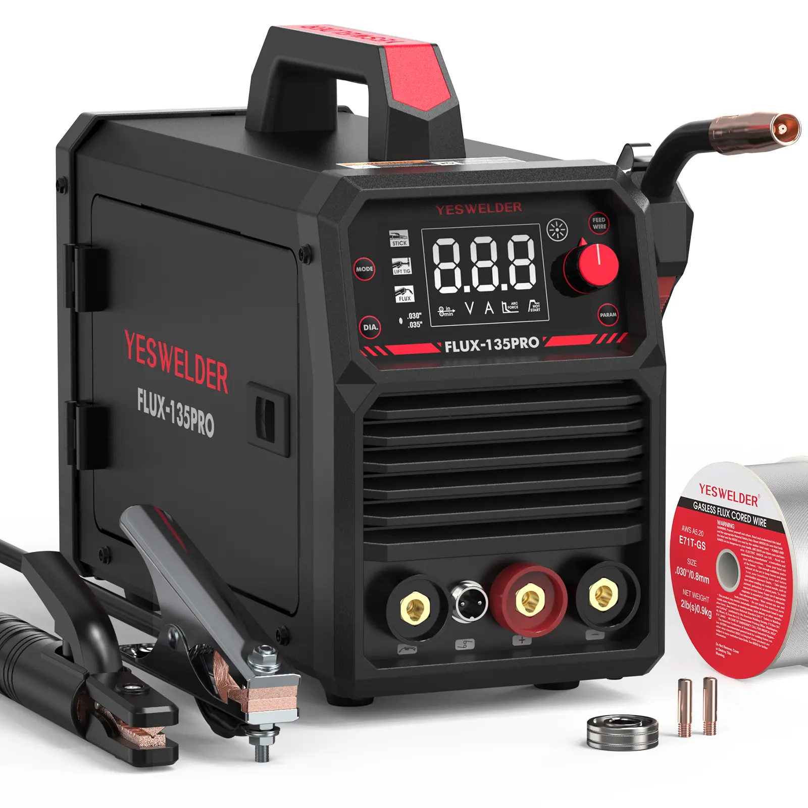 YESWELDER FLUX-135PRO 135Amp 110V Gasless Flux Core Multiprocess MIG Welder, 3-in-1 Portable Lightweight Work Tool with Lift TIG/Stick Welding, Digital Display DC IGBT Synergic Control for Construction, Metal