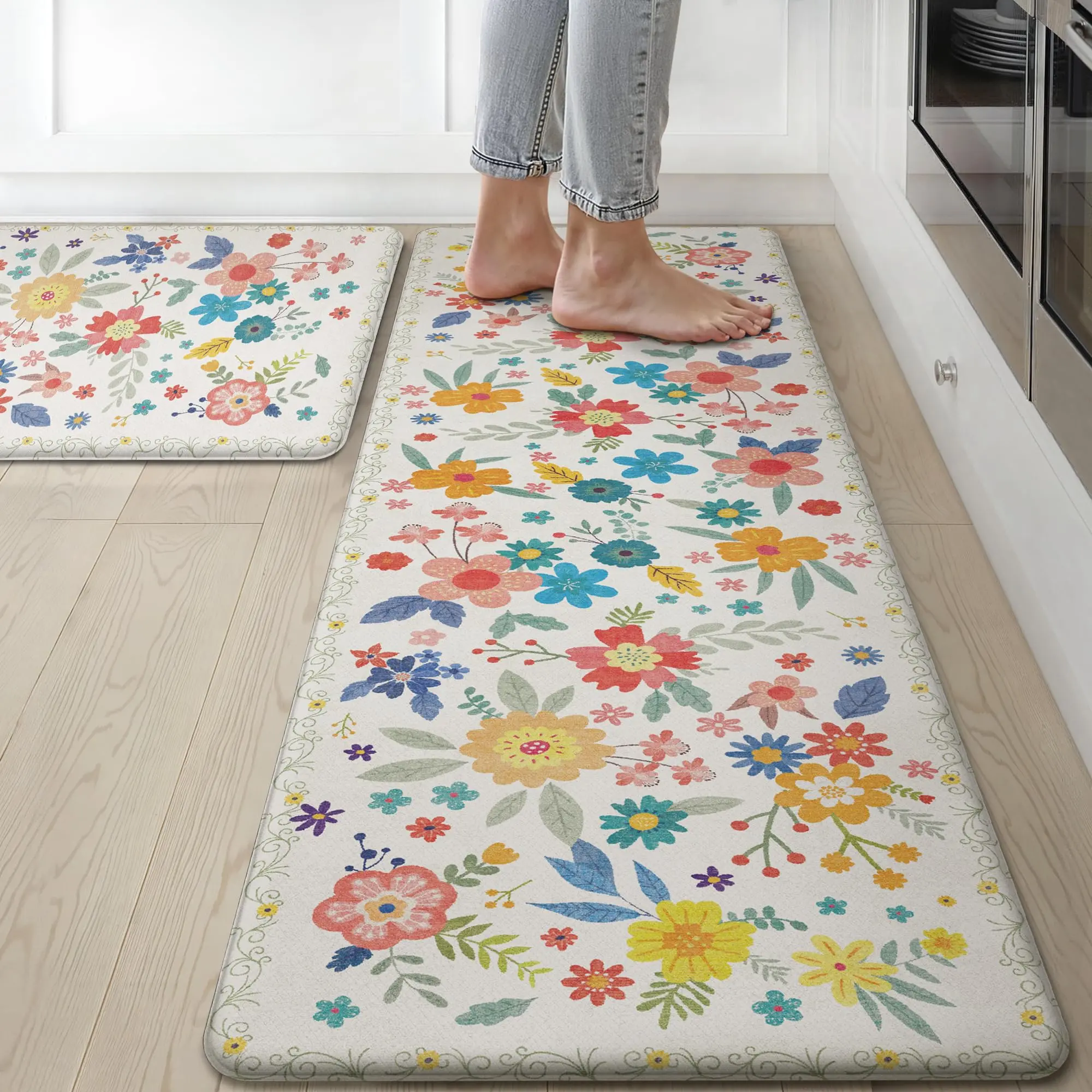 【Deals For You Days】GENIMO Outdoorfun Kitchen Mats for Floor 2PCs, Washable Anti-Fatigue Mat for Cushioned, Waterproof Kitchen Runner, Pet Friendly Rug Comfy Rug, Non Slip Ergonomic Comfort Standing Mat for Home, Runner, Office, Sink, Laundry