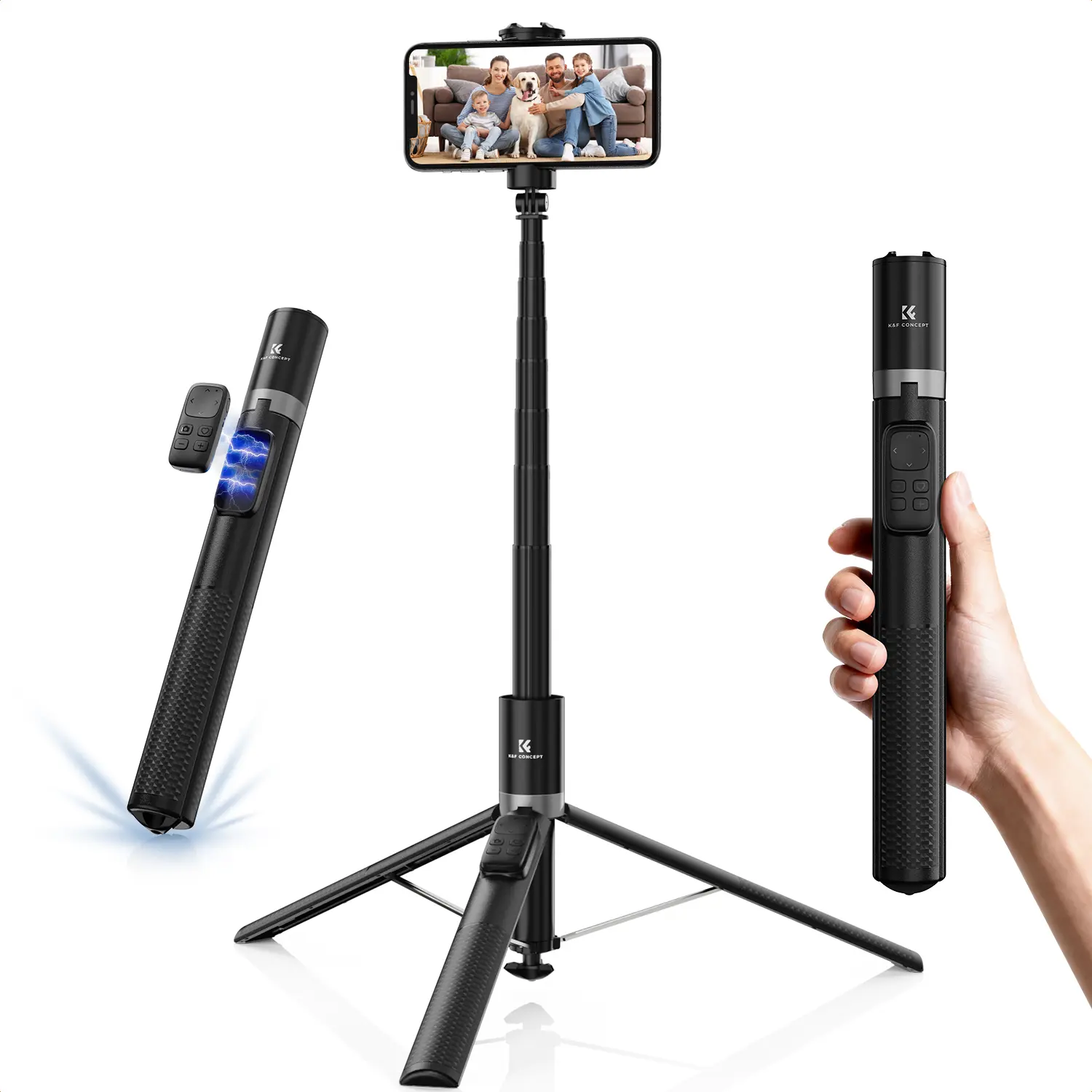 K&F CONCEPT 69" 360° Rotatable Selfie Stick Tripod with Pop-Open Quick-Fold Design, 9-Button Bluetooth Remote, Cellphone Grip, Lanyard & Cable Accessories for Travel, Vloggers, Remote Control, Compact