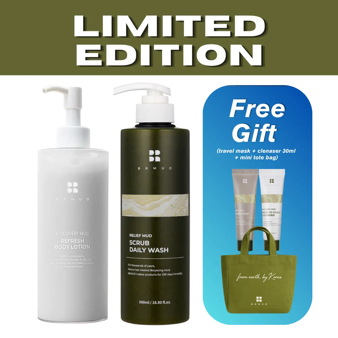 [Official Shop] BRMUD New Body Care Bundle – Relief Mud Scrub Daily Body Wash 500ml + Atocovery Mud Refresh Body Lotion 300g with Travel Mud Mask, Pack to Foam Cleanser & Mini Eco Bag Gift