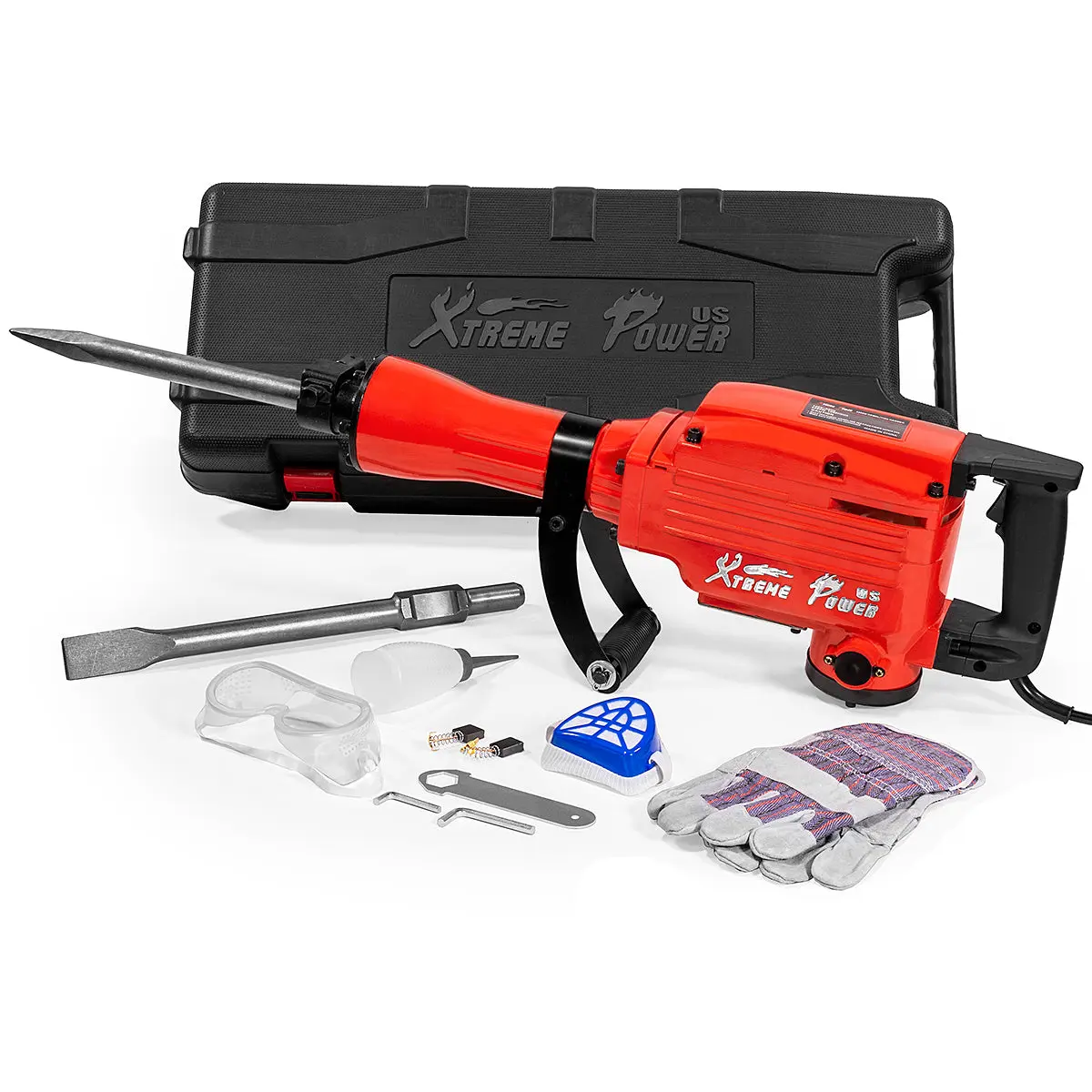 XtremepowerUS 61108-XP Heavy Duty 2200W Electric Jack Hammer Power Tool - High Torque Impact, 1800 Impacts/Min, Swivel Function, Chisel & Point Bits, Masonry Chipping, Efficient Work on Concrete Surfaces, Home Use