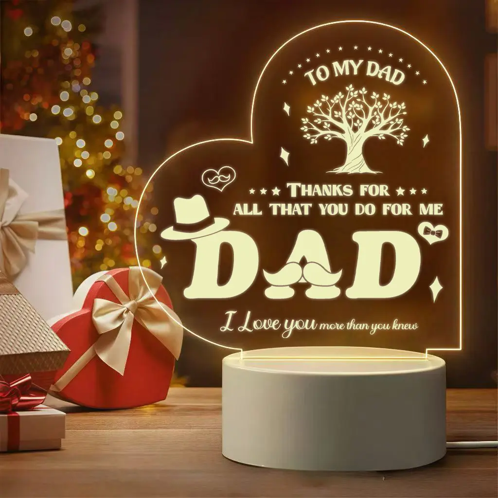 Led Glow Sign Heart Shaped Tree of Life Engraved Acrylic Night Light for Dad, USB Powered Quote Lamp, Father's Day Gift, Farmhouse Bedroom Table Graduation Holiday Decor