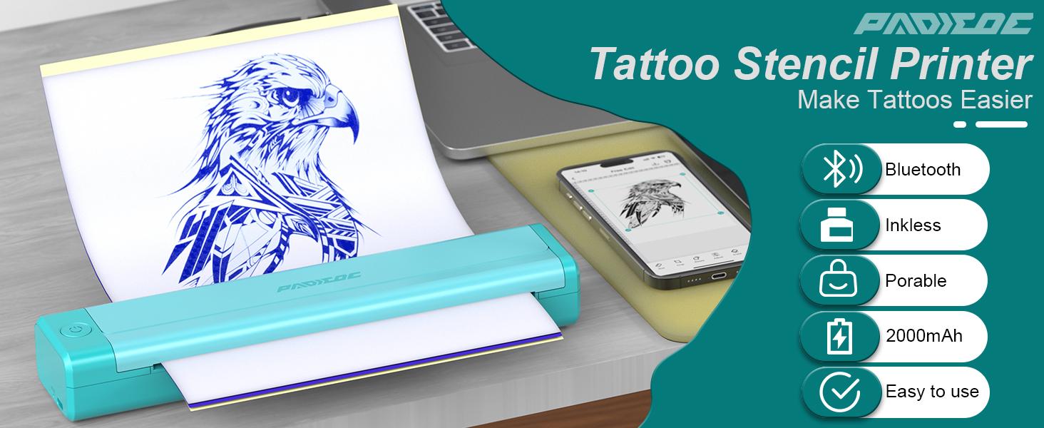 PADIEOE Wireless Bluetooth Tattoo Stencil Printer with 2000mAh Battery Portable Thermal Copier Machine Compatible with Smartphones & PC Cordless