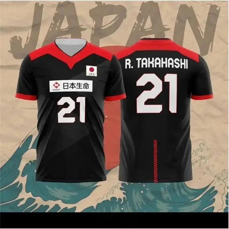 Men's Breathable Quick-Dry Loose-Fitting Japan Volleyball Jersey - R.Takahashi No.21/Ishikawa No.14 Sports Casual Top (Suitable for Female Users)