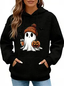 Women's Cute Halloween Ghost Waffle Knit Hoodie – Adorable Ghost with Pumpkin & Iced Coffee Graphic, Cozy Long Sleeve Hooded Sweatshirt with Kangaroo Pocket, Soft Waffle Fabric Pullover, Perfect for Fall, Halloween Parties