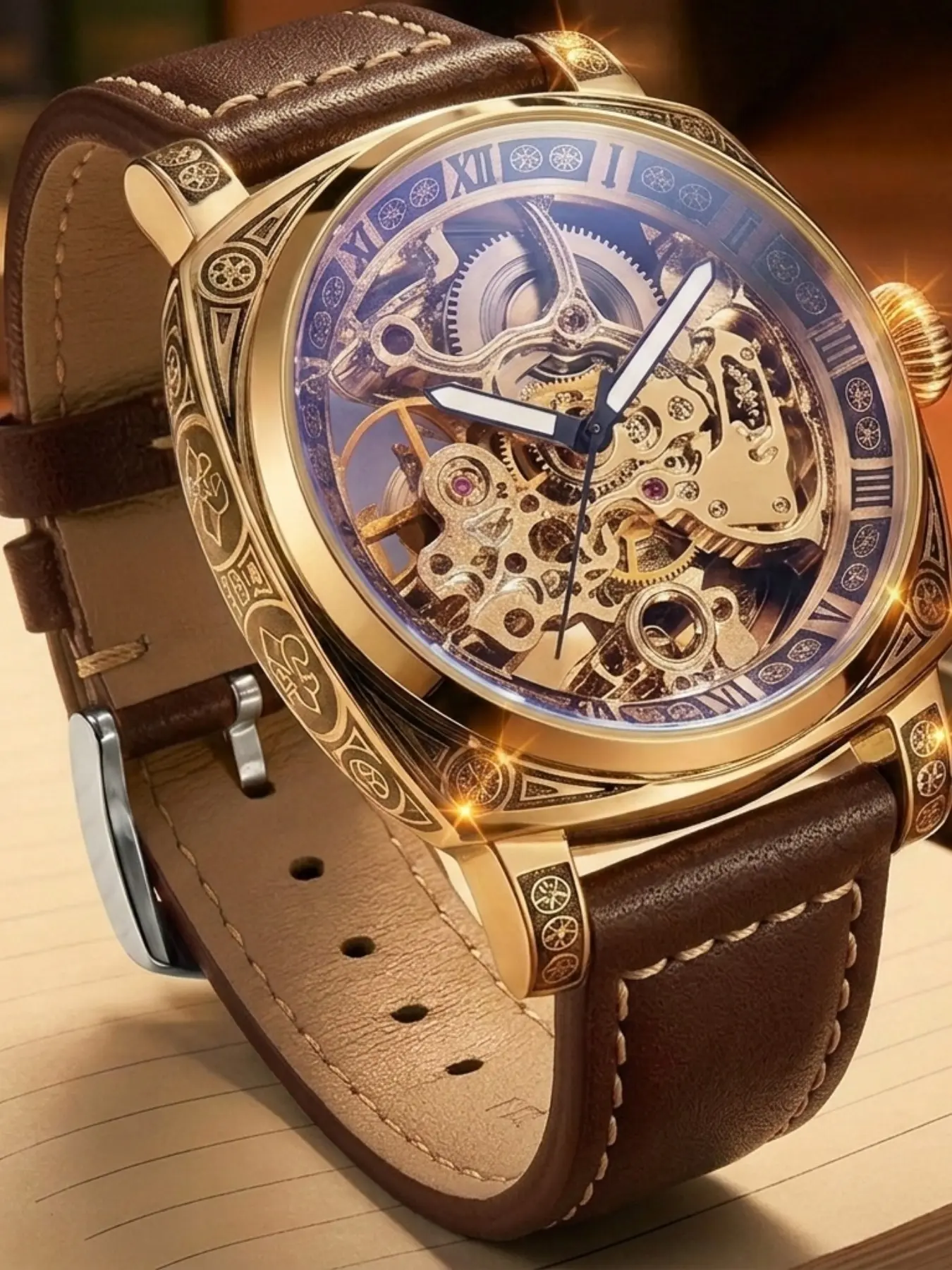 Men's Business Style Night Light Floral Automatic Tourbillon Open Heart Mechanical Watch, Analog Watches, Dial, Round Face, Buckle Closure, Elegant Watch