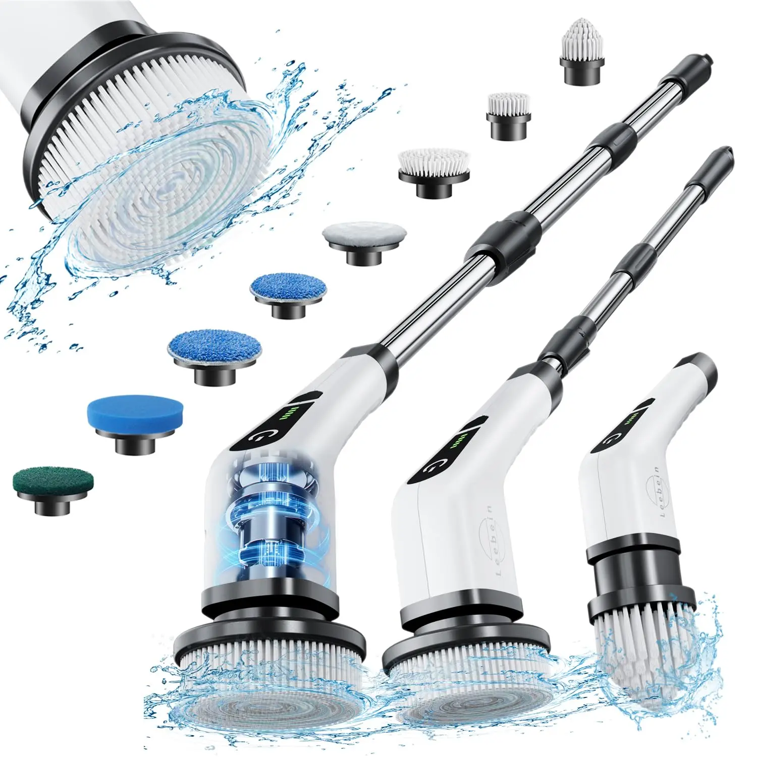 Cordless Rechargeable Electric Spin Scrubber - Hand Tool with Adjustable Speed, 8 Replaceable Brush Heads, USB Charging, Back Pain Relief for Bathroom, Kitchen Stainless Steel Cleaning
