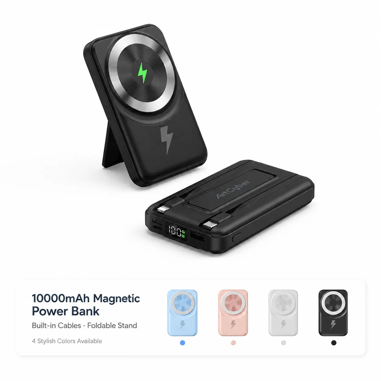 10000mAh Magnetic Wireless Power Bank, Portable Charger with Built-in Dual Cables, LED Battery Display & Foldable Stand, USB-C Battery Pack for iPhone Samsung Android Phones, Compact Travel Charger,back to school,back to school haul