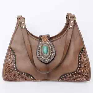 American Darling Hobo Genuine Western Leather Women Bag with Turquoise Stone & YKK Zipper 8in H X 5in W X 13in D