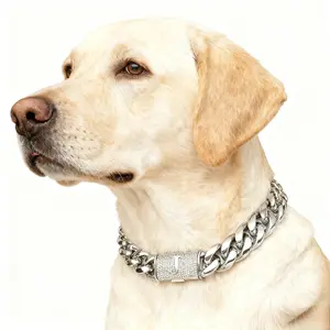 14MM Cuban Link Dog Collar Chain, Heavy Duty Chew-Proof Silver Stainless Steel Dog Chain Necklace, Custom Letter Lock, 10–30 Inch diamond cat big breed Gold Puppy Collar with Pendant