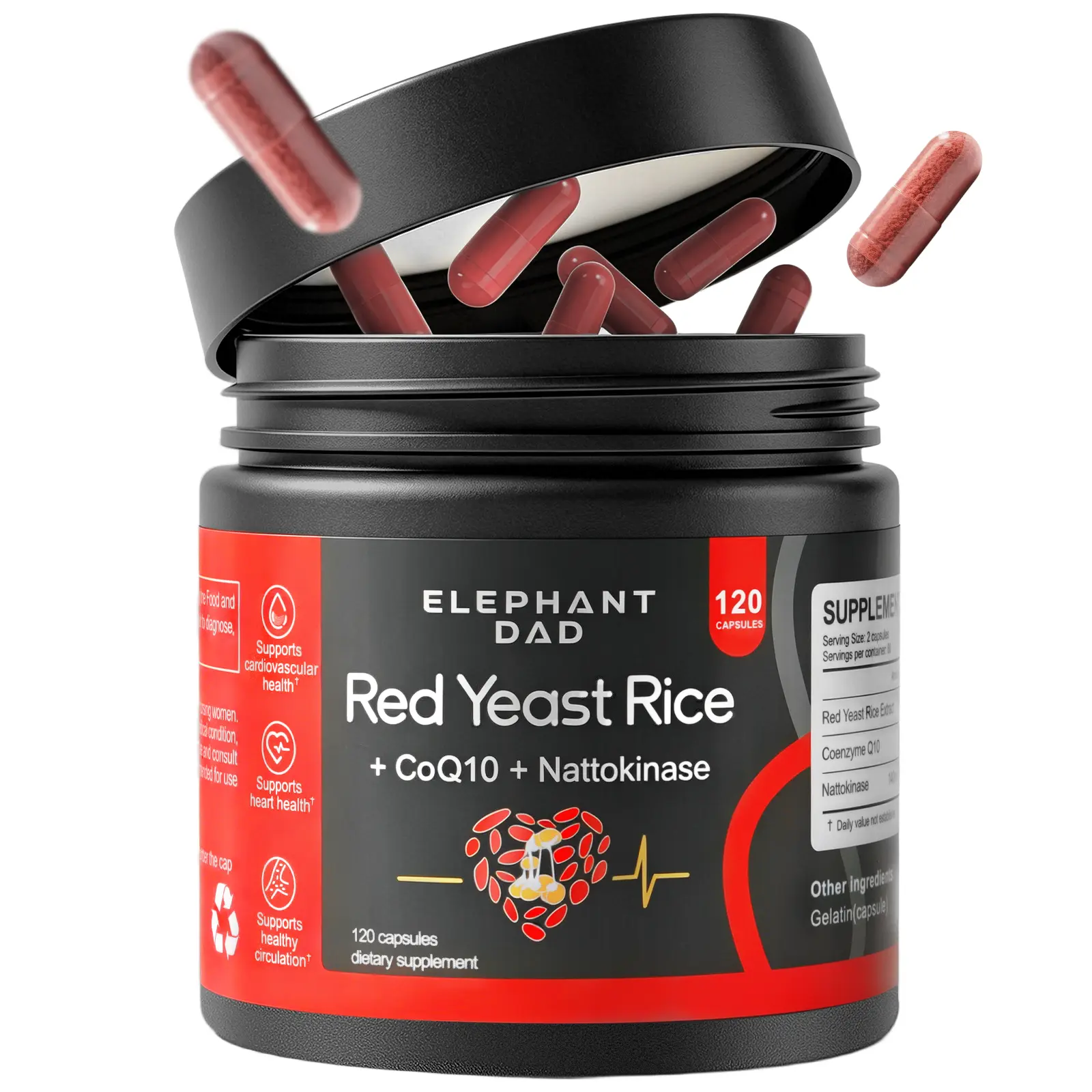 ELEPHANT DAD Red Yeast Rice 1000mg with Nattokinase & CoQ10 - Extra Strength Natto Extract Supplement for Cholesterol & Heart  Support - 120 Capsules Fitness Dietary Healthcare edible health daily veg